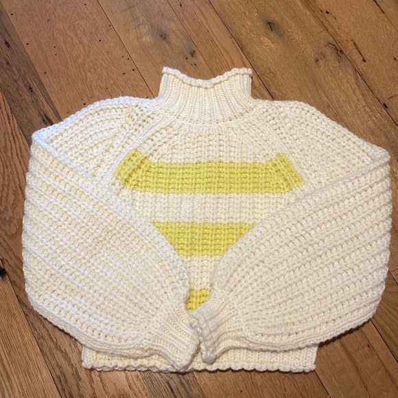 Wrangler Cozycore Chunky Striped Blouson Sleeve Mock Neck Sweater Cream Yellow S - Picture 3 of 9